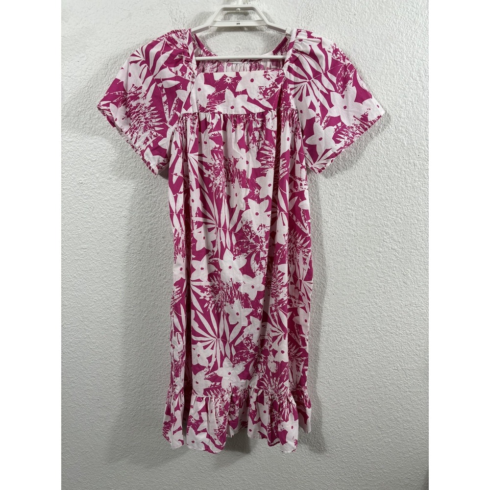 Vintage Muumuu Dress Womens Small Pink Floral Hawaiian Short Sleeve Ruffle‎ Hem